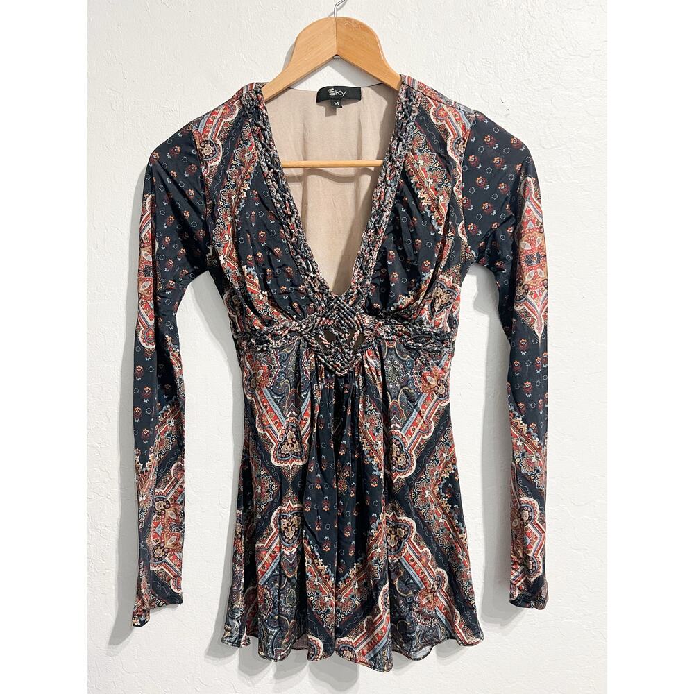Vintage Sky Tunic Top Medium Navy Blue Boho Y2K Hippie Silk Deep V Long Sleeve